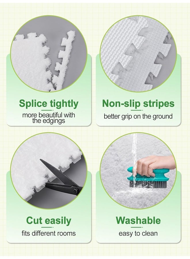 6 Pcs Plush Foam Floor Mat Square Interlocking Carpet Tiles with Border Fluffy Play Mat Floor Tiles Fluffy Area Rugs Square Soft Climbing Area Rugs DIY Floor Crawling Mat Tiles for Home Playroom Decor (White) - Image 4